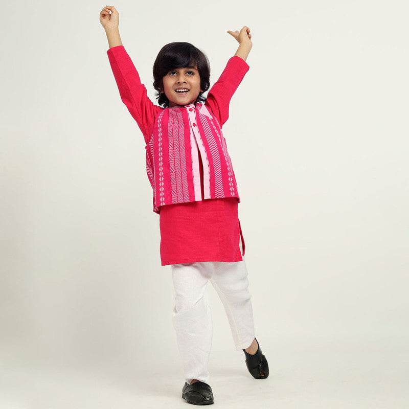 Cotton Kurta Set With Jacket For Kids | Pink