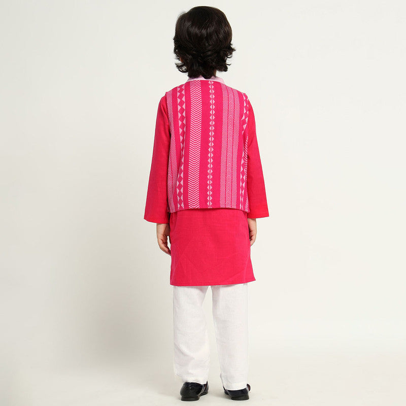 Cotton Kurta Set With Jacket For Kids | Pink