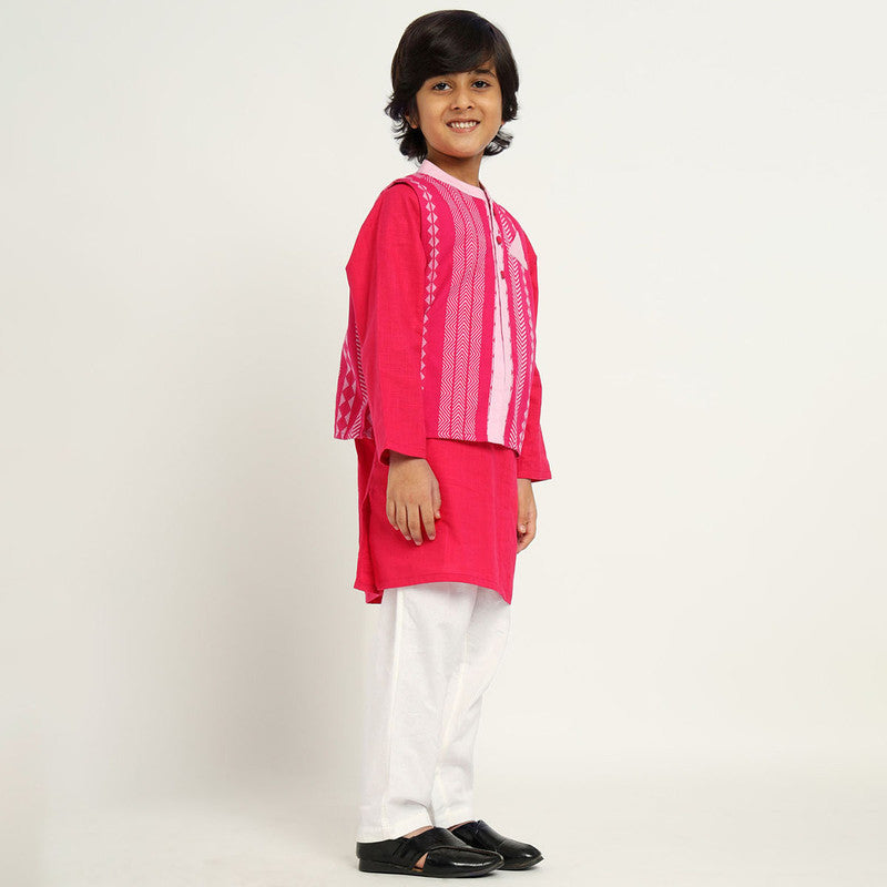 Cotton Kurta Set With Jacket For Kids | Pink