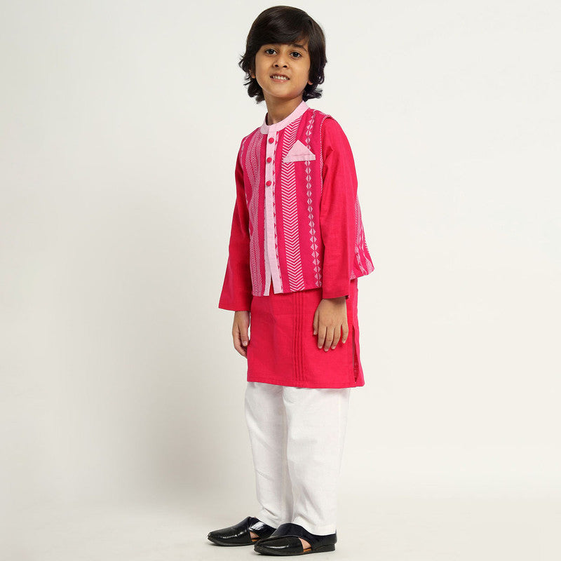 Cotton Kurta Set With Jacket For Kids | Pink