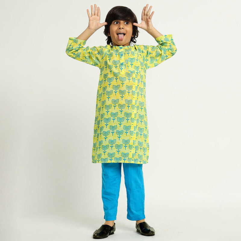 Cotton Kurta Set For Kids | Printed | Blue