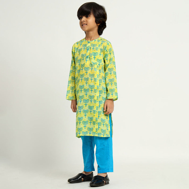 Cotton Kurta Set For Kids | Printed | Blue