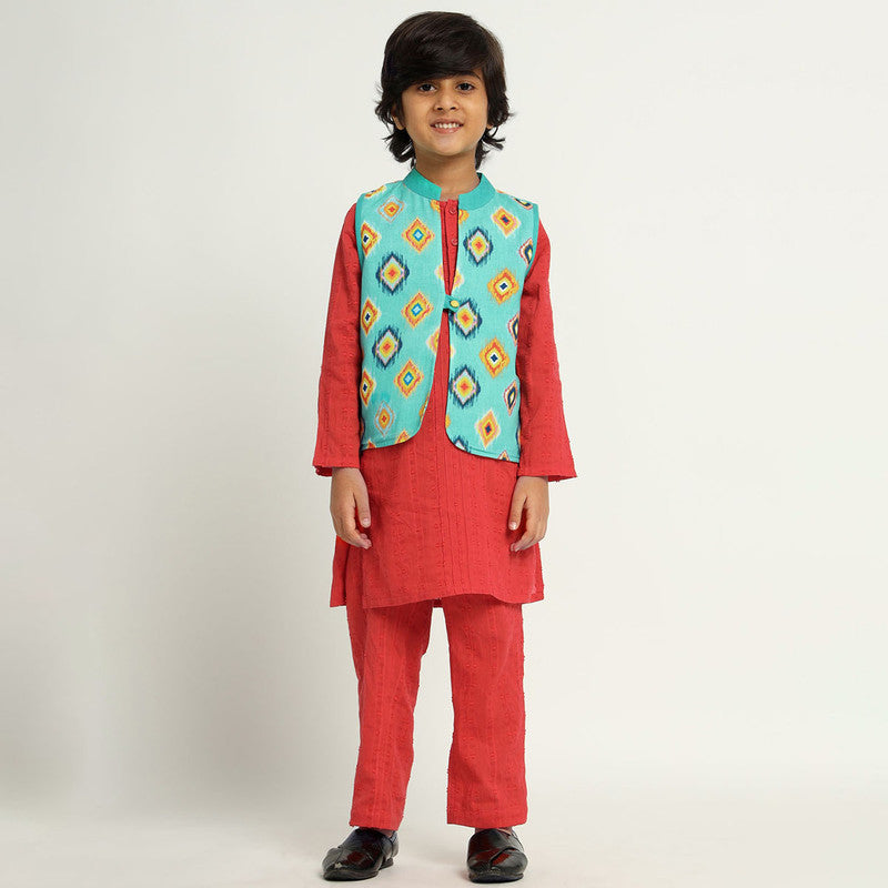 Cotton Kurta Set With Jacket For Kids | Mandarin Collar | Red