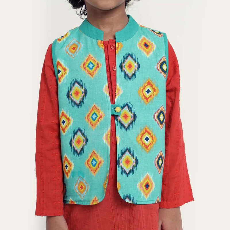 Cotton Kurta Set With Jacket For Kids | Mandarin Collar | Red