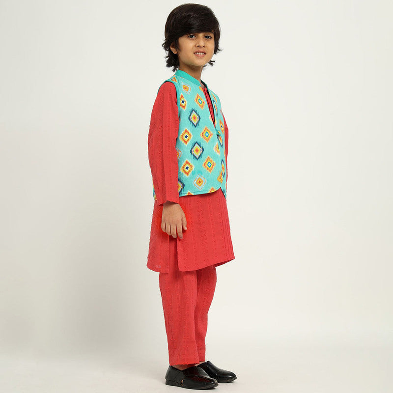 Cotton Kurta Set With Jacket For Kids | Mandarin Collar | Red