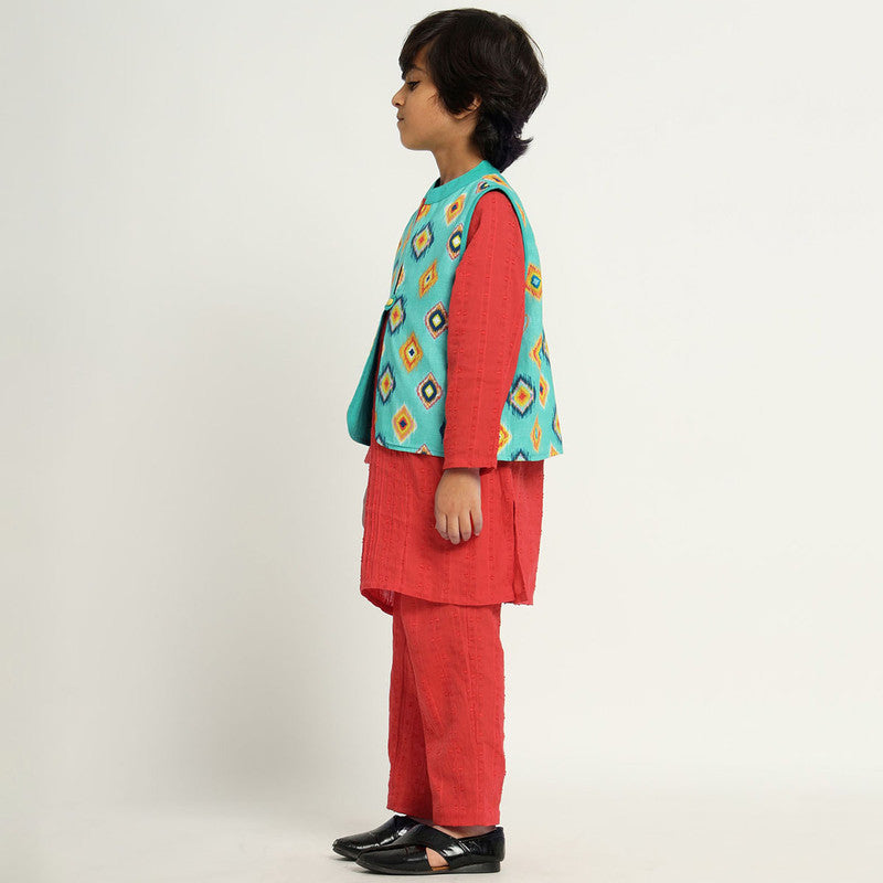 Cotton Kurta Set With Jacket For Kids | Mandarin Collar | Red