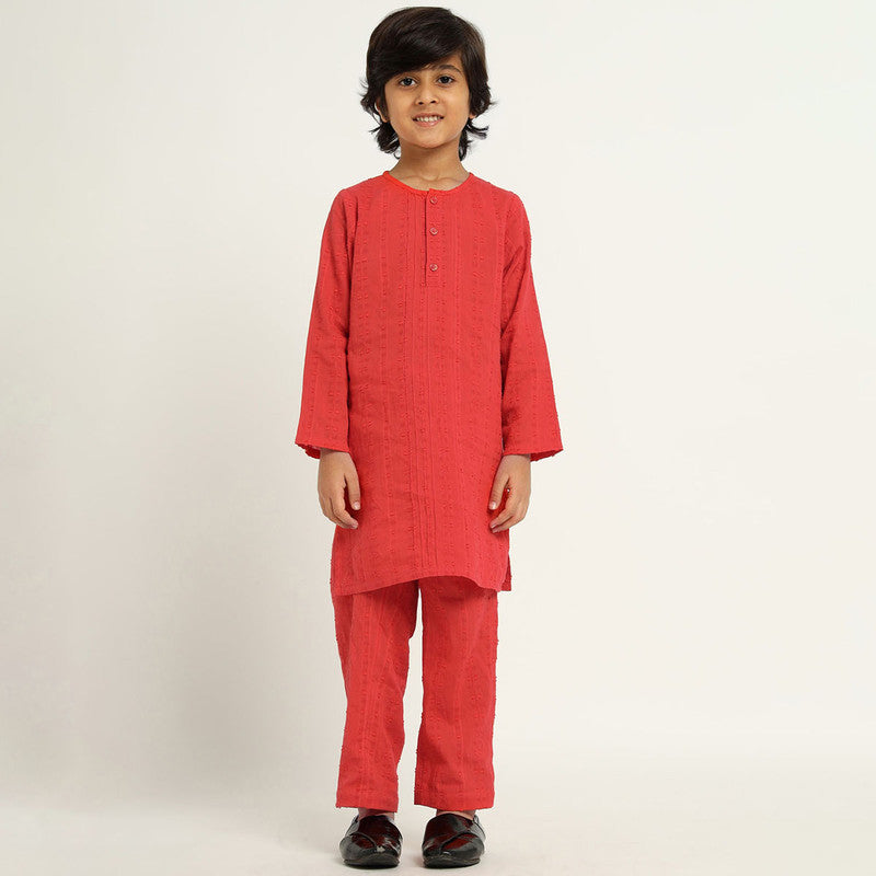 Cotton Kurta Set With Jacket For Kids | Mandarin Collar | Red