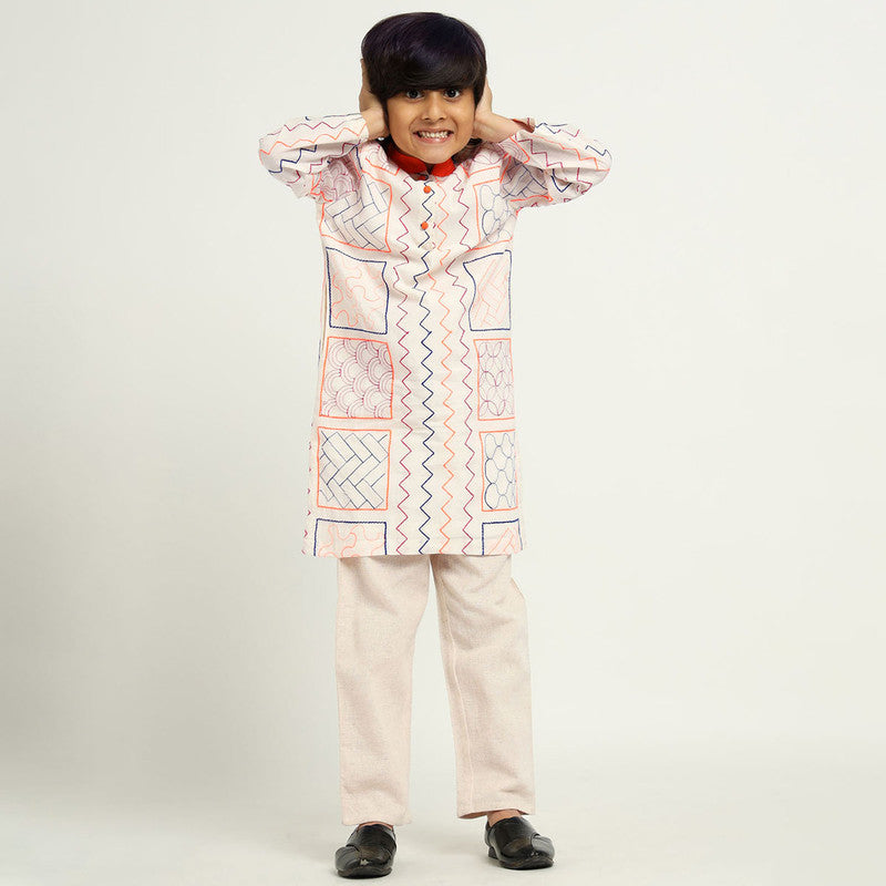 Cotton Kurta Set For Kids | Vivid Embroidered | Off White