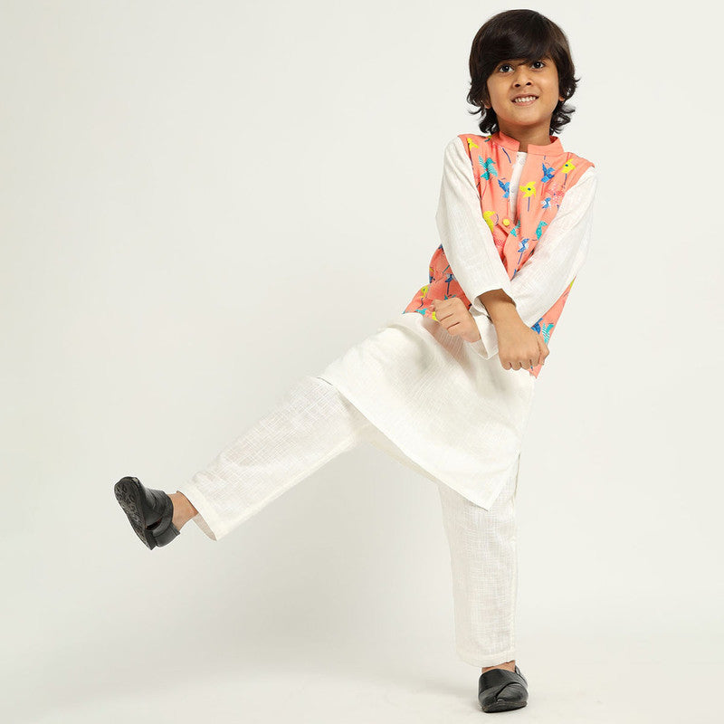 Cotton Kurta Set With Jacket For Kids | White