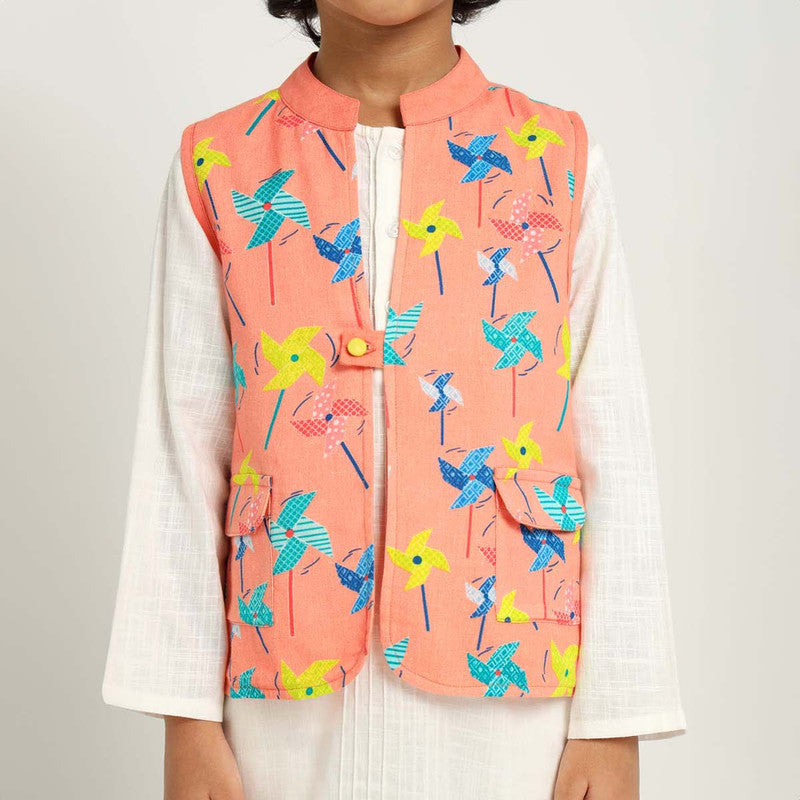 Cotton Kurta Set With Jacket For Kids | White