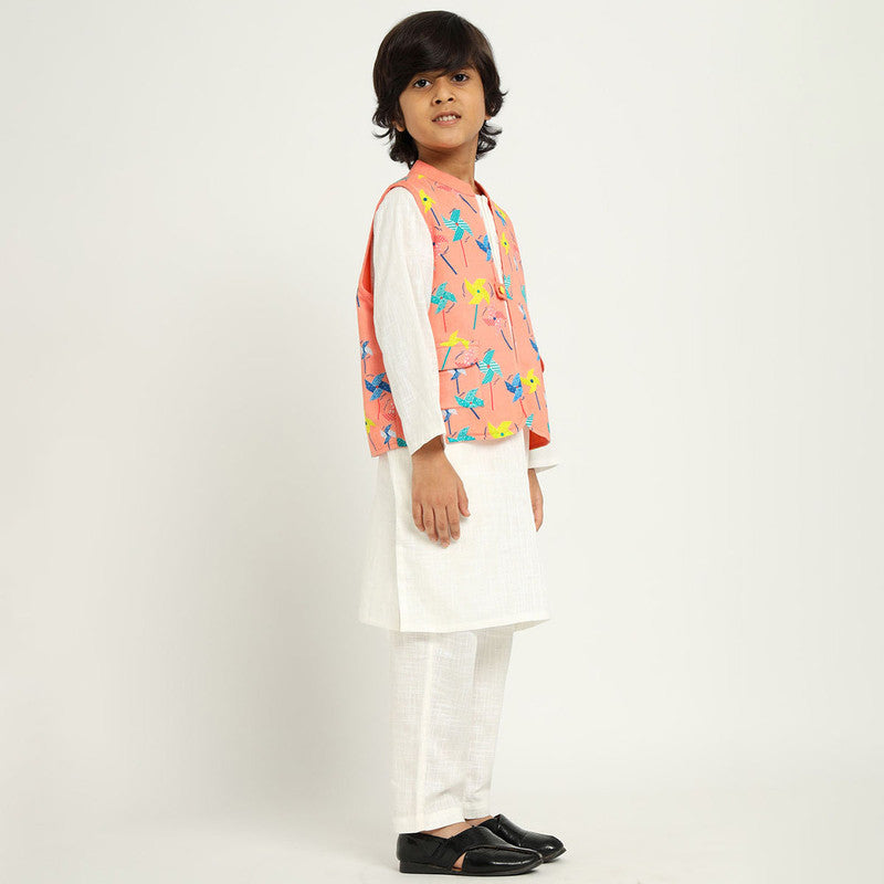 Cotton Kurta Set With Jacket For Kids | White