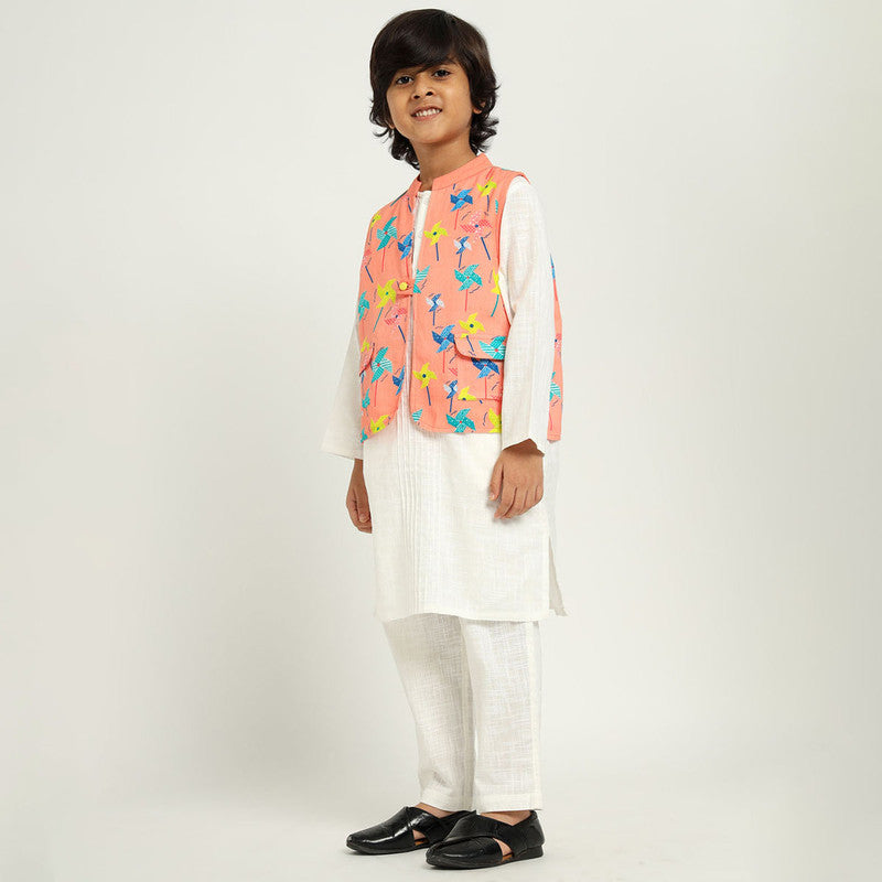 Cotton Kurta Set With Jacket For Kids | White