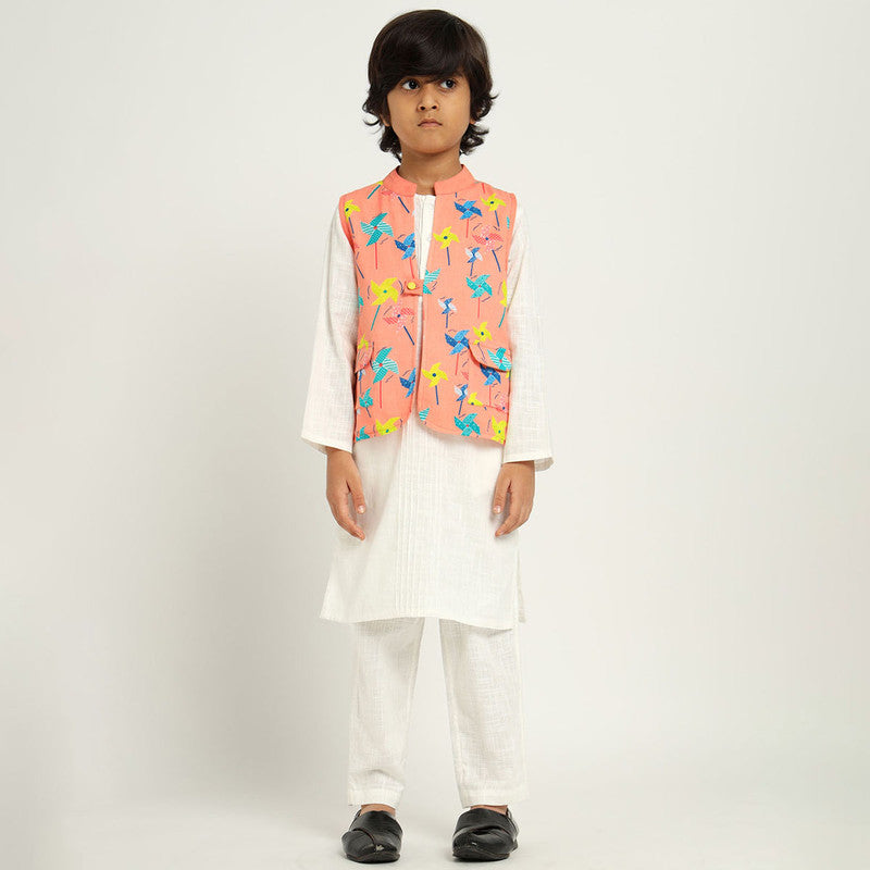 Cotton Kurta Set With Jacket For Kids | White