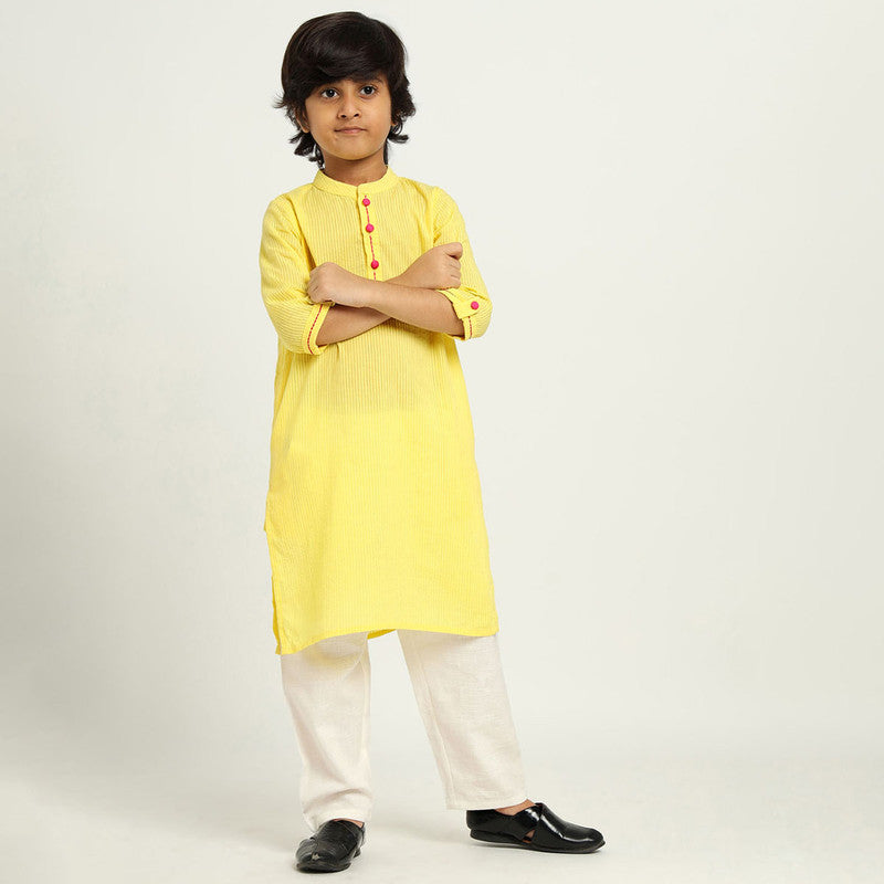 Cotton Tulip Kurta Set For Kids | Roll-up Sleeves | Yellow