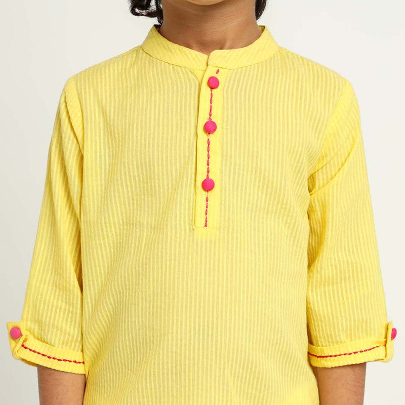 Cotton Tulip Kurta Set For Kids | Roll-up Sleeves | Yellow