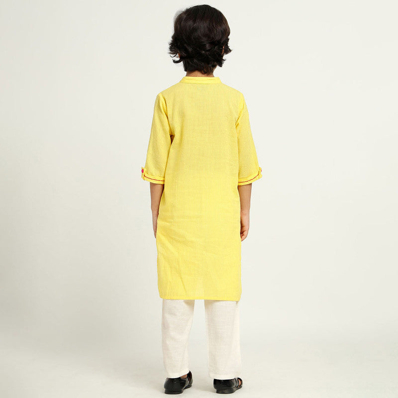 Cotton Tulip Kurta Set For Kids | Roll-up Sleeves | Yellow