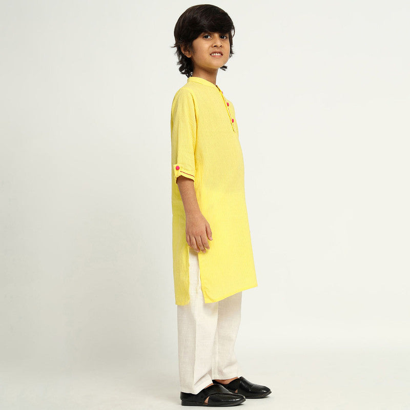 Cotton Tulip Kurta Set For Kids | Roll-up Sleeves | Yellow