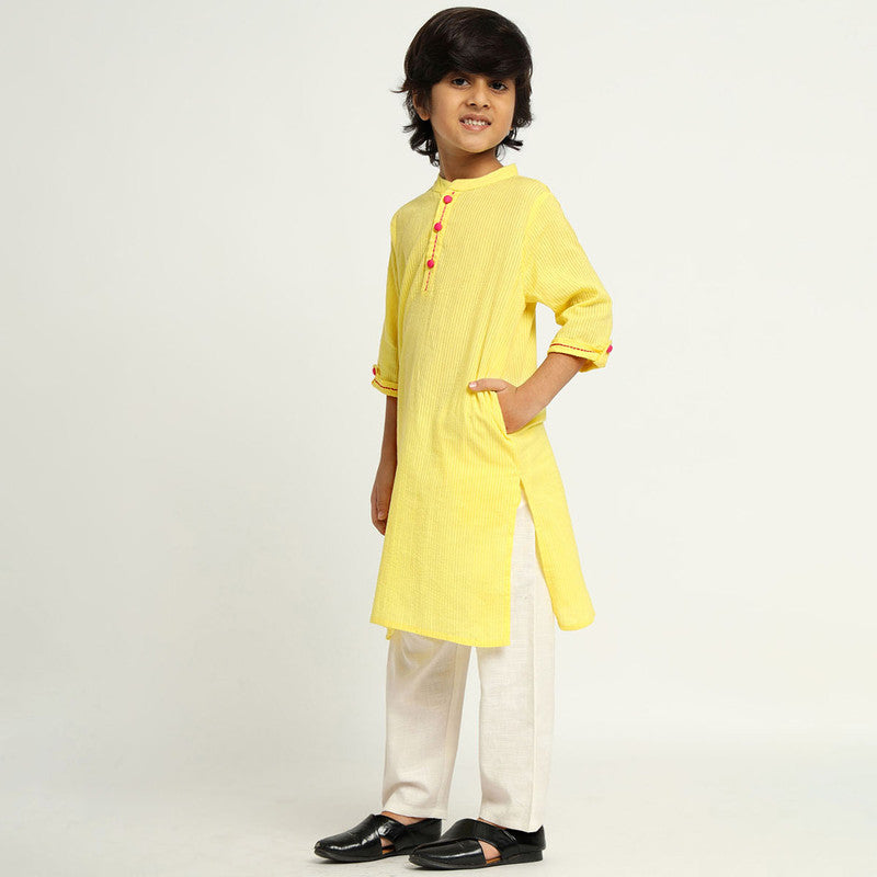 Cotton Tulip Kurta Set For Kids | Roll-up Sleeves | Yellow