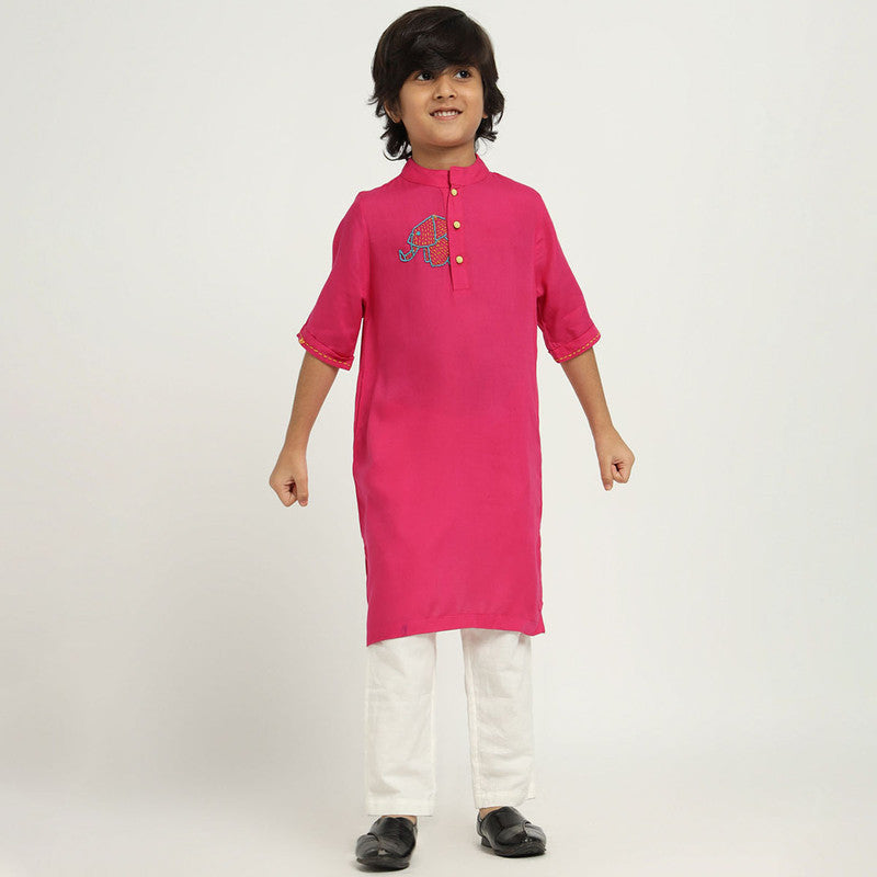 Cotton Kurta Set For Kids | Beaded Haathi | Pink