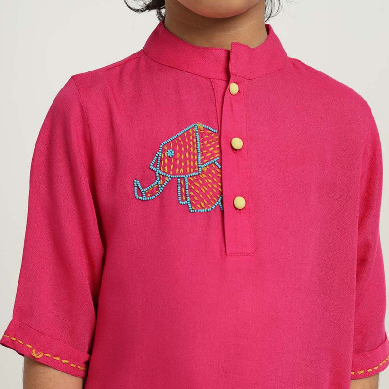 Cotton Kurta Set For Kids | Beaded Haathi | Pink