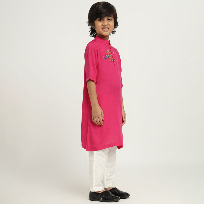 Cotton Kurta Set For Kids | Beaded Haathi | Pink