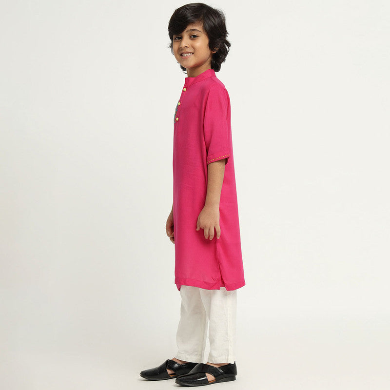 Cotton Kurta Set For Kids | Beaded Haathi | Pink