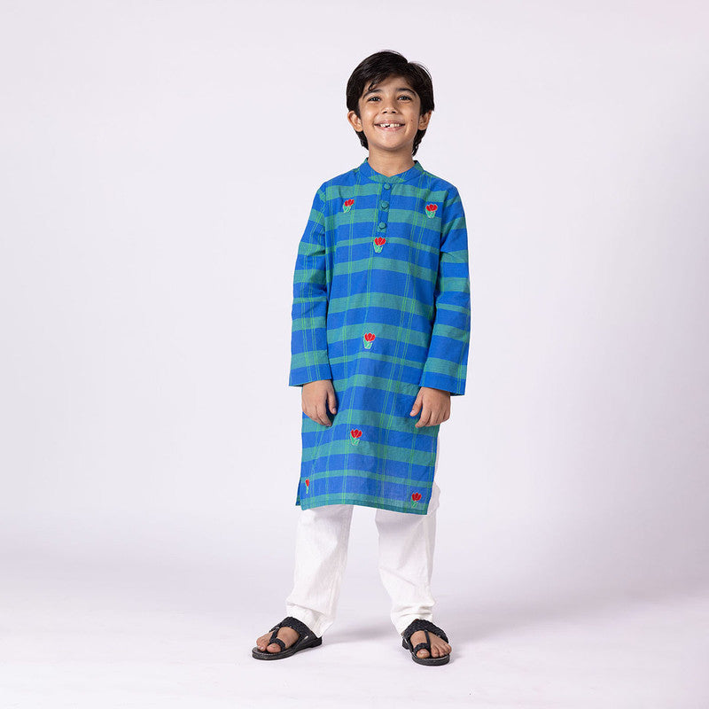 Cotton Peacock Kurta Set For Kids | Mandarin Collar | Blue