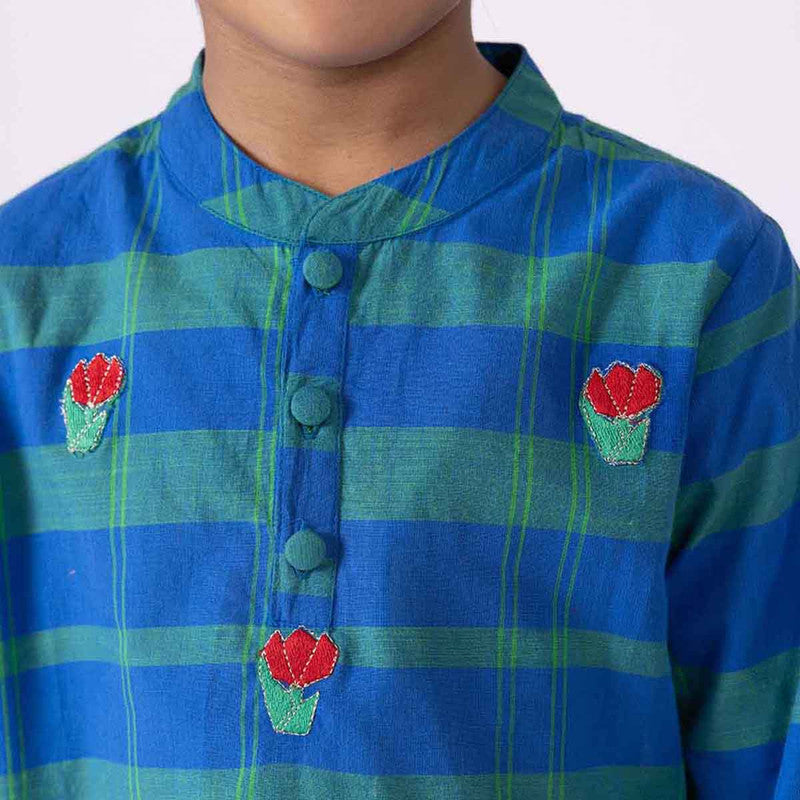 Cotton Peacock Kurta Set For Kids | Mandarin Collar | Blue