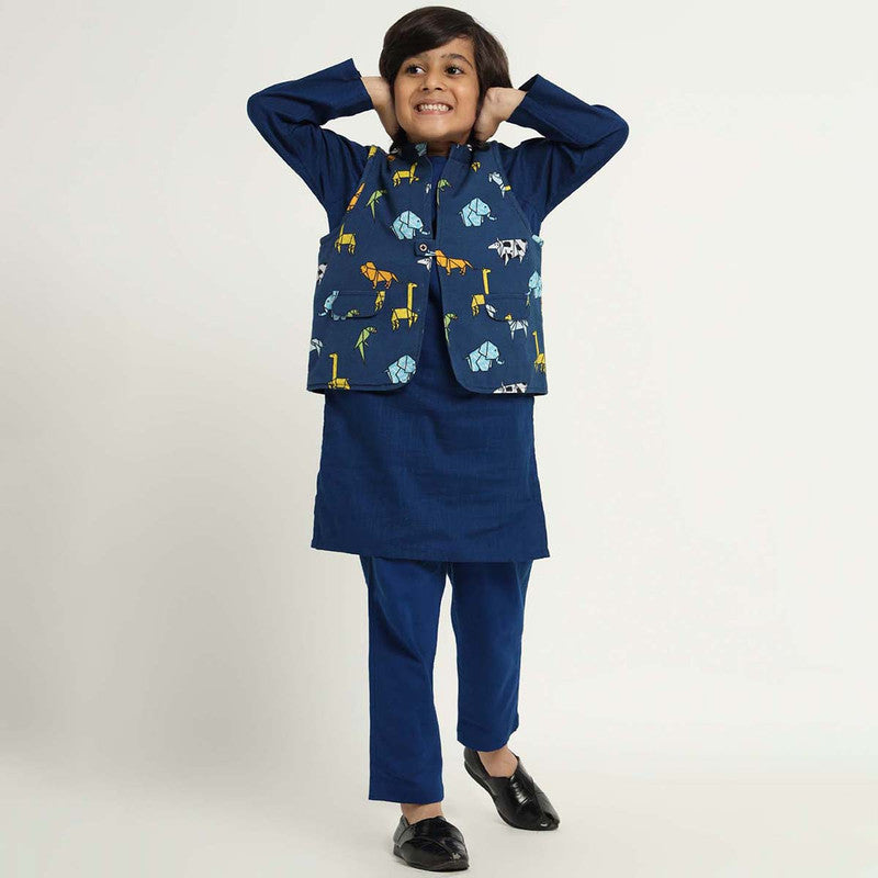 Cotton Kurta Set with Jacket For Kids | Blue