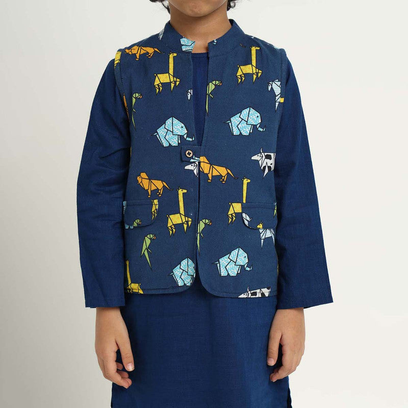 Cotton Kurta Set with Jacket For Kids | Blue