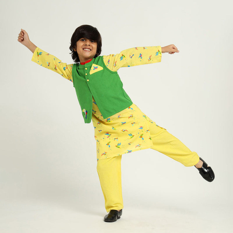 Kids Kurta Set with Jacket | Cambric Cotton | Yellow