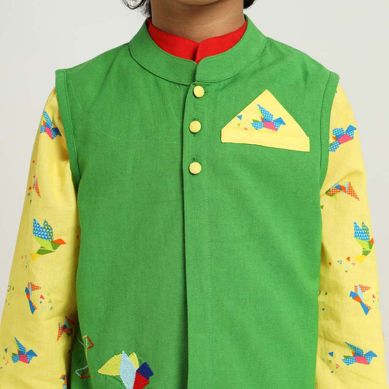 Kids Kurta Set with Jacket | Cambric Cotton | Yellow