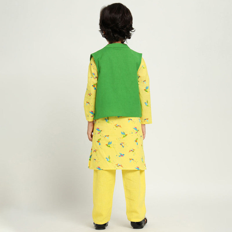 Kids Kurta Set with Jacket | Cambric Cotton | Yellow