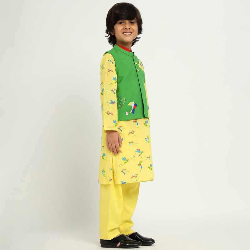 Kids Kurta Set with Jacket | Cambric Cotton | Yellow