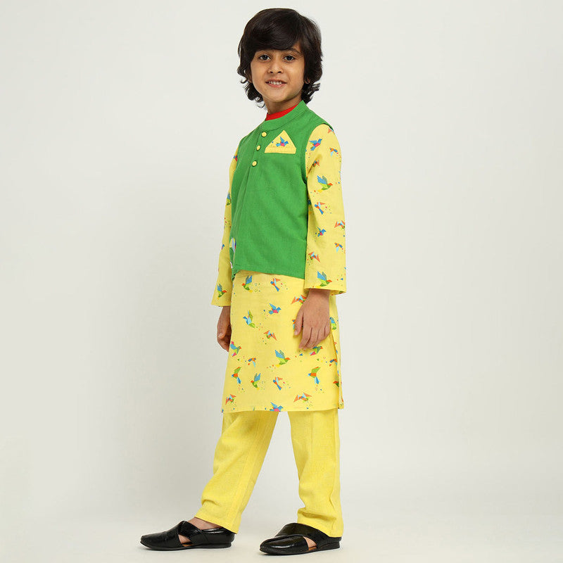 Kids Kurta Set with Jacket | Cambric Cotton | Yellow