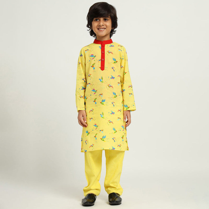 Kids Kurta Set with Jacket | Cambric Cotton | Yellow