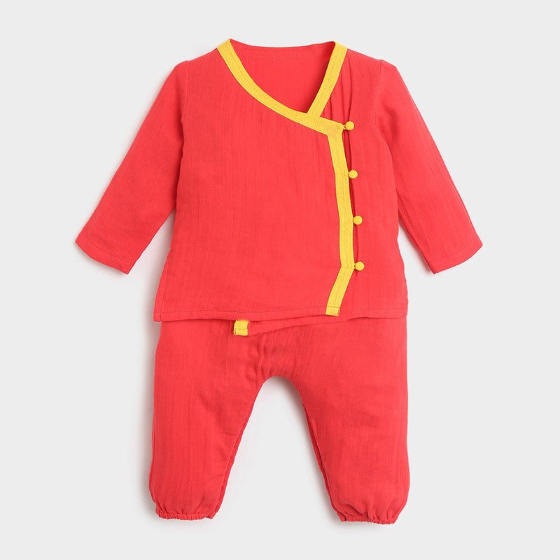 Cotton Hibiscus Kurta Set For Baby | Red