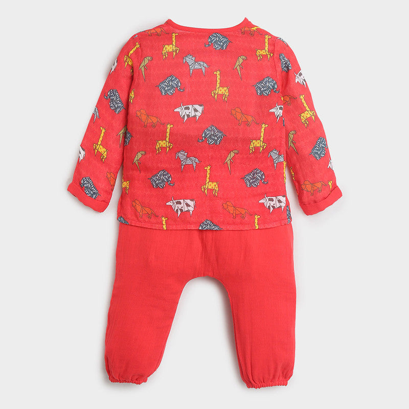 Cotton Kurta Set For Baby | Happy Animal | Red