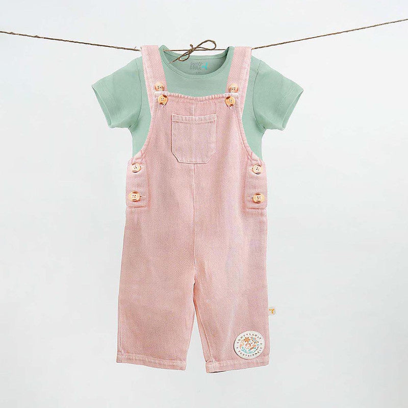 Cotton Twill Dungaree with Green Tee | Pink