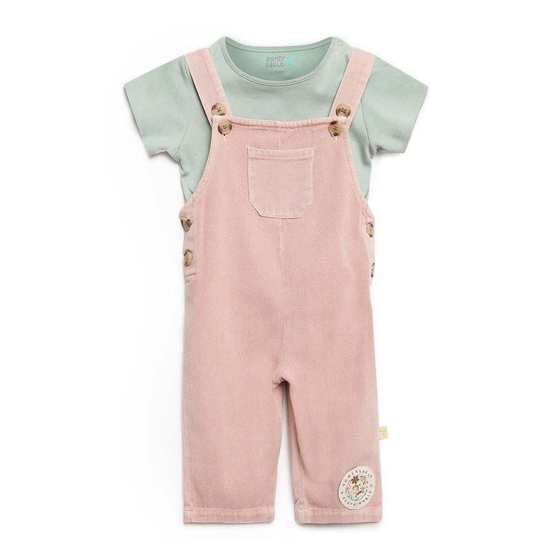 Cotton Twill Dungaree with Green Tee | Pink