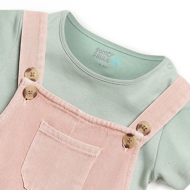 Cotton Twill Dungaree with Green Tee | Pink