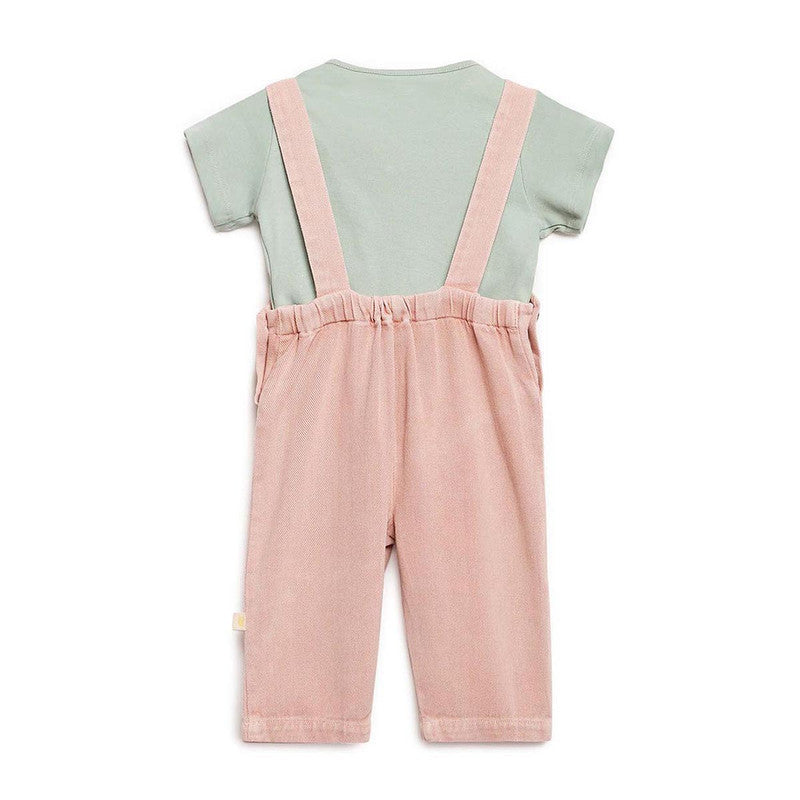 Cotton Twill Dungaree with Green Tee | Pink