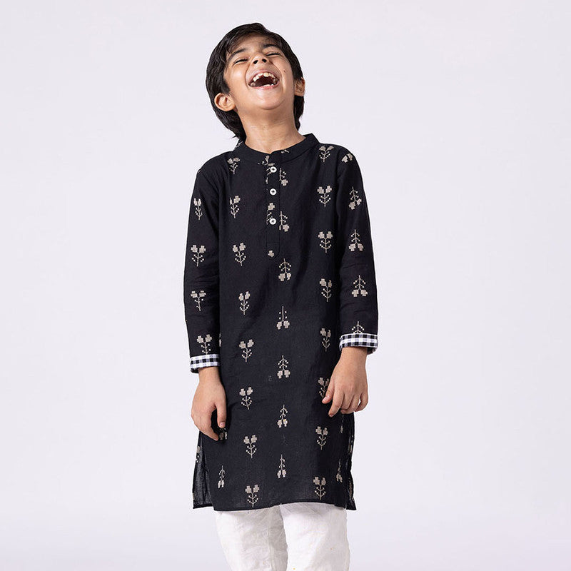 Cotton Kurta For Kids | Tulip | Mandarin Collar | Black