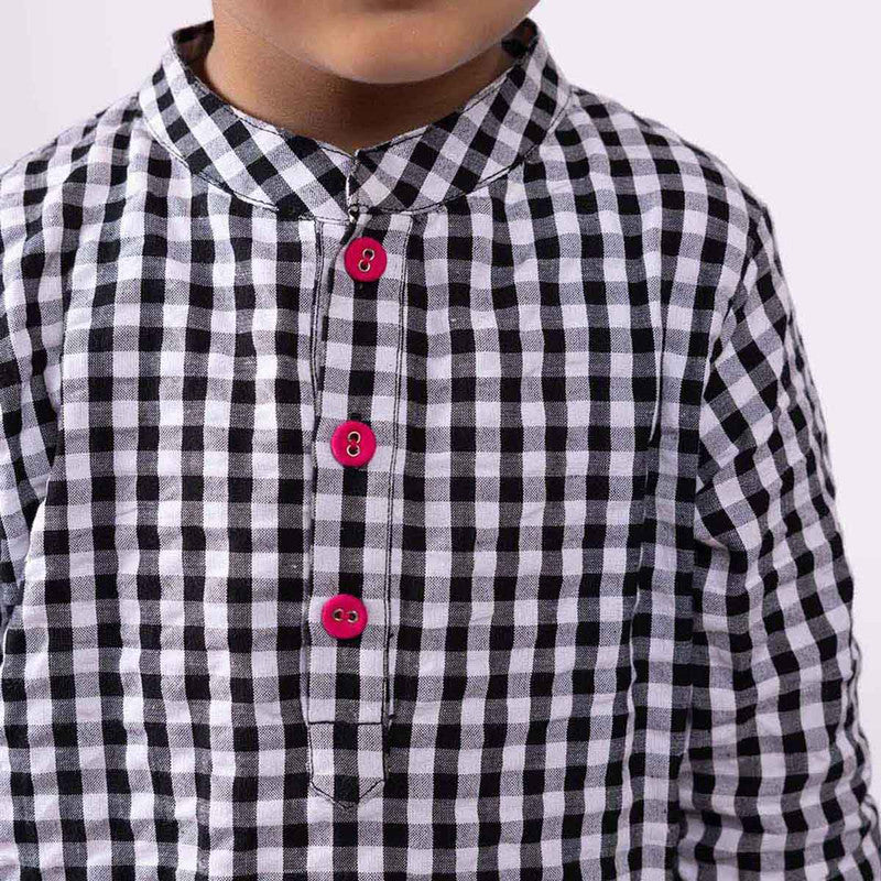 Cotton Kurta For Kids | Gingham | Mandarin Collar | Black