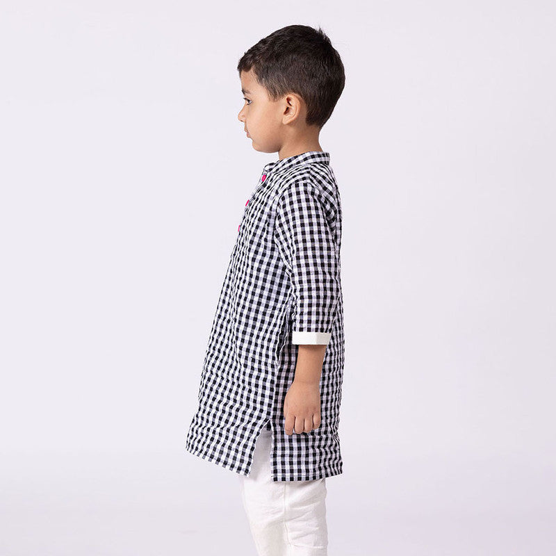 Cotton Kurta For Kids | Gingham | Mandarin Collar | Black