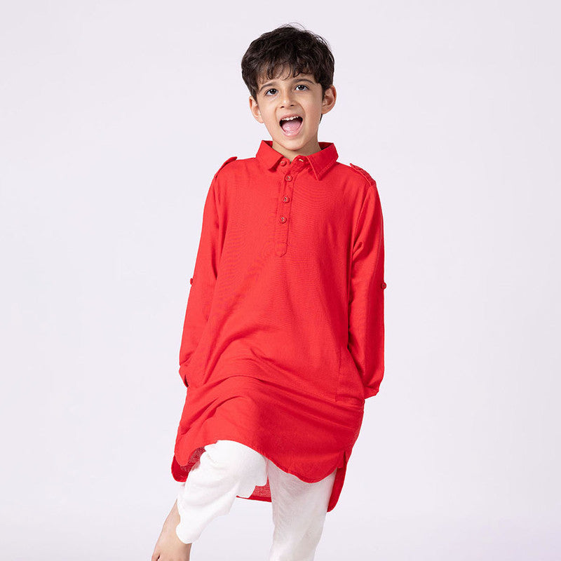 Cotton Hibiscus Kurta For Kids | Roll-Up Sleeves | Red