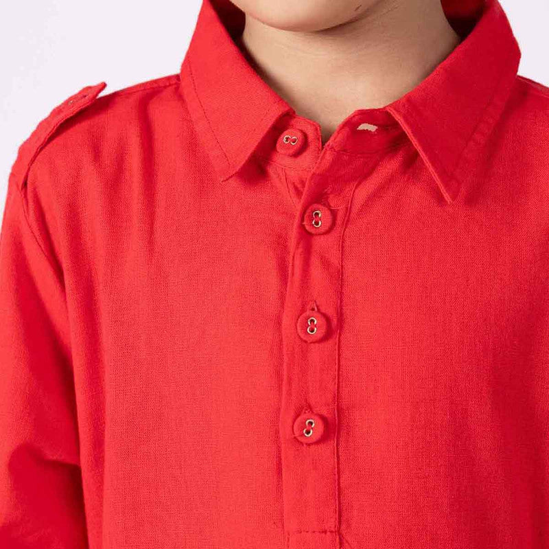 Cotton Hibiscus Kurta For Kids | Roll-Up Sleeves | Red