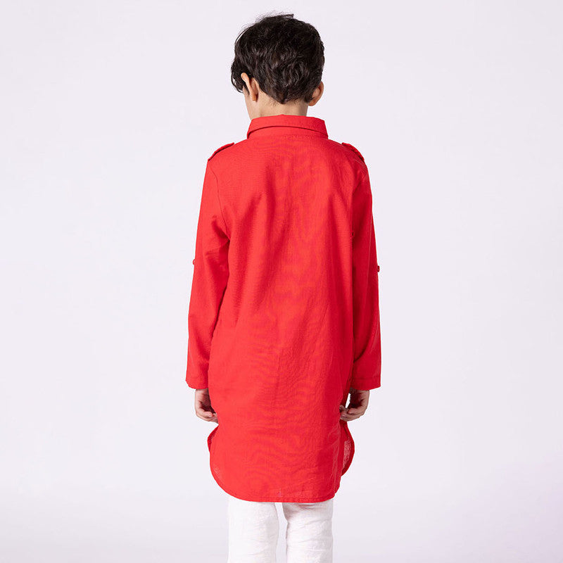 Cotton Hibiscus Kurta For Kids | Roll-Up Sleeves | Red