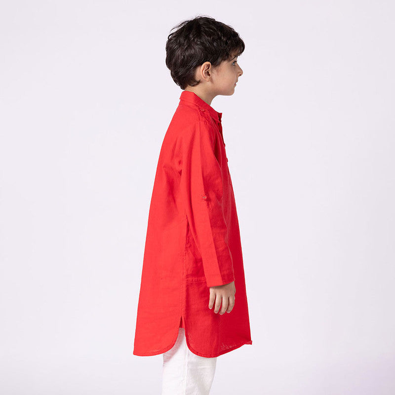 Cotton Hibiscus Kurta For Kids | Roll-Up Sleeves | Red