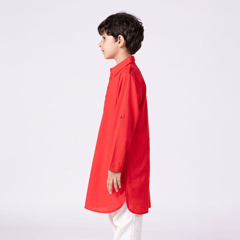 Cotton Hibiscus Kurta For Kids | Roll-Up Sleeves | Red